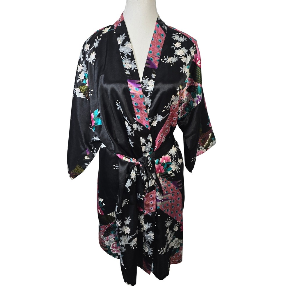 Womens Black Satin Peacock Floral Kimono Robe Short Dressing Gown Large